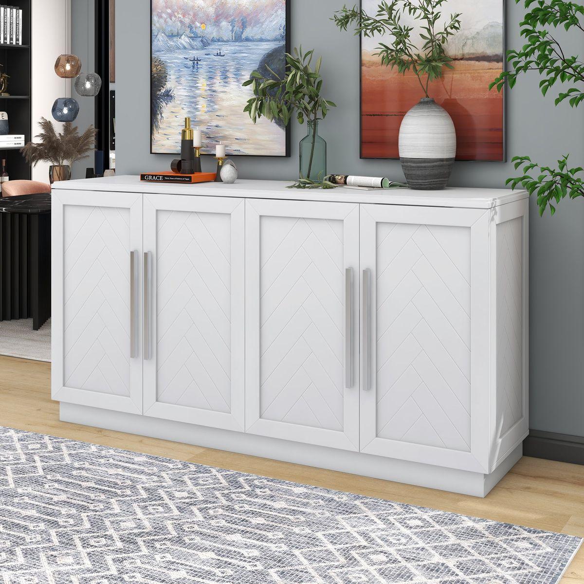 TREXM Sideboard Buffet Cabinet with Storage, Buffet Cabinet with Adjustable Shelves and Silver Handles Sideboard Cabinet for Kitchen, Dining Room, Living Room, White
