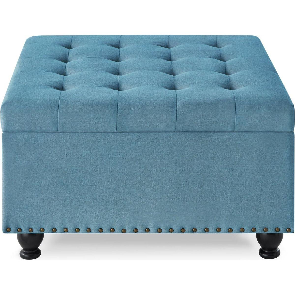 Large square storage ottoman with wooden legs, Upholstered button tufted coffee table with nail trims,Light Blue