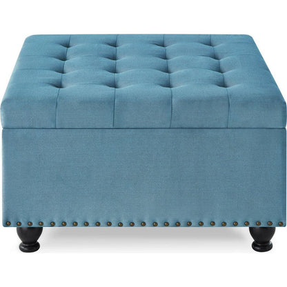 Large square storage ottoman with wooden legs, Upholstered button tufted coffee table with nail trims,Light Blue