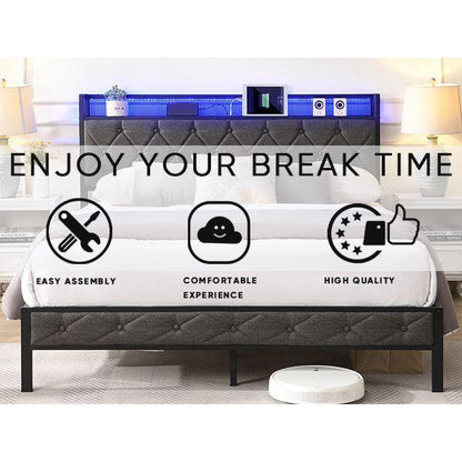 Full Bed Frame with Storage Headboard, Charging Station and LED Lights, Upholstered Platform Bed with Heavy Metal Slats, No Box Spring Needed, Noise Free, Easy Assembly, Dark Gray