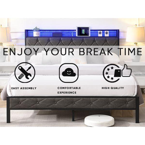 Queen Bed Frame with Storage Headboard, Charging Station and LED Lights, Upholstered Platform Bed with Heavy Metal Slats, No Box Spring Needed, Noise Free, Easy Assembly, Dark Gray