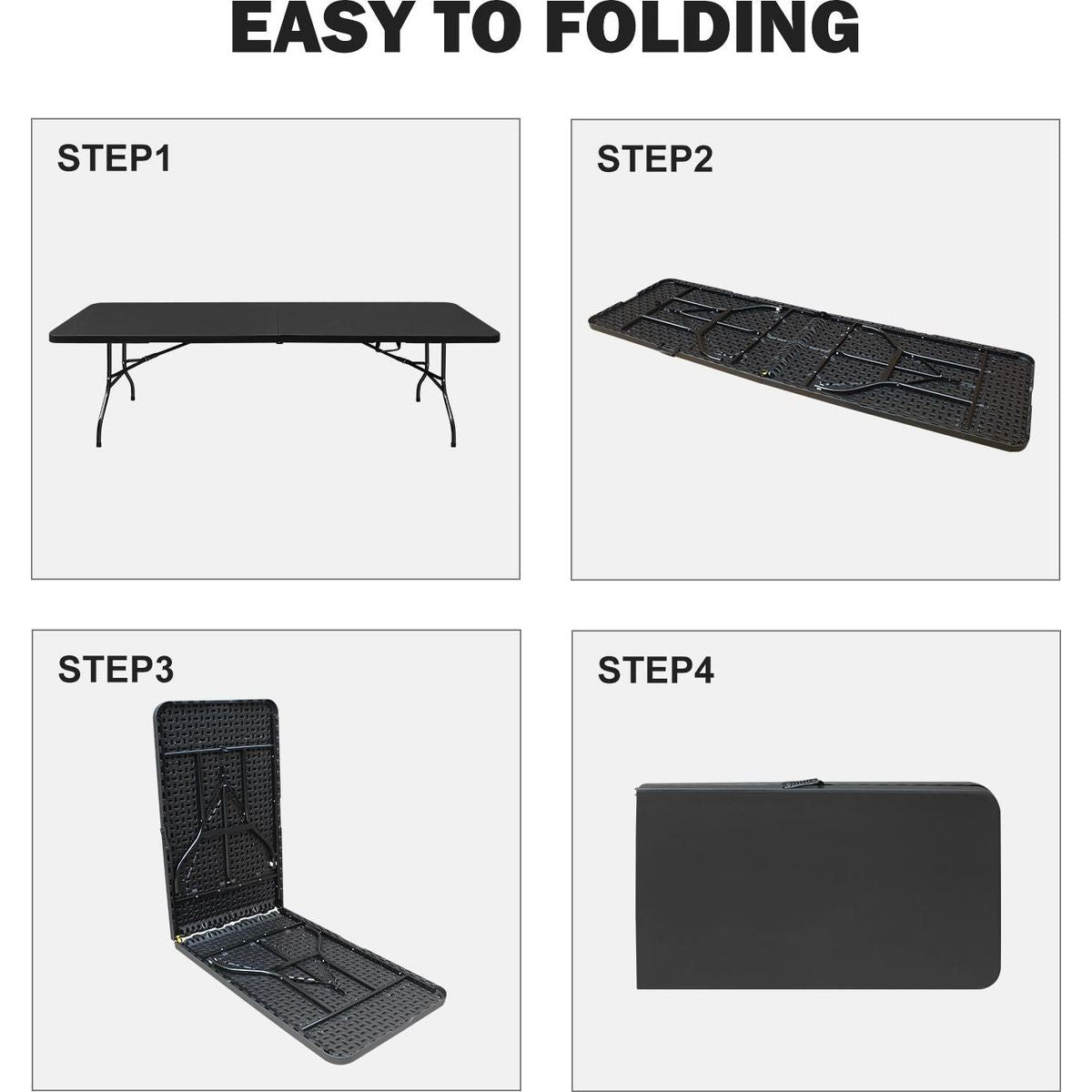 8ft Folding Table, Portable Plastic Table for Camping, Picnics, Parties, High Load Bearing Foldable Table Black