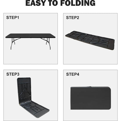 8ft Folding Table, Portable Plastic Table for Camping, Picnics, Parties, High Load Bearing Foldable Table Black