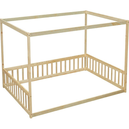 Full Size Canopy Frame Floor Bed with Fence, Guardrails,Natural