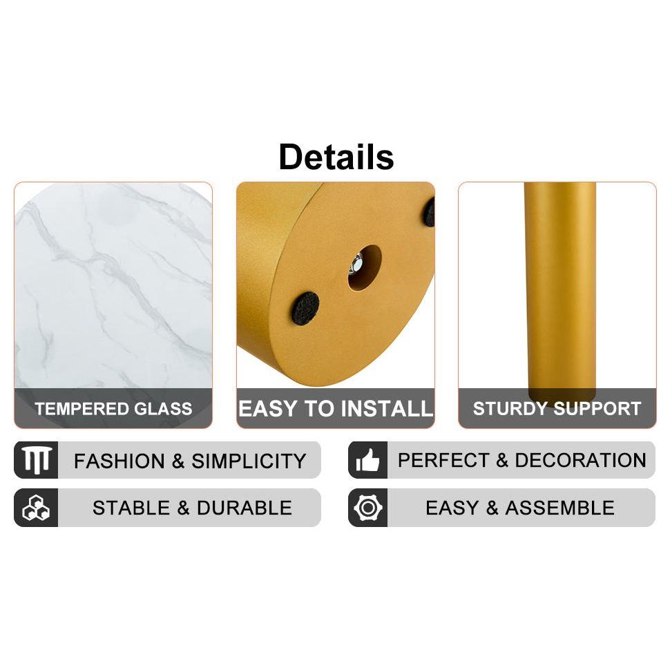 Round white dining table, artificial marble glass stickers, golden MDF legs, kitchen dining table, living room dining table 40 "x 40" x 29.4 "F-X03