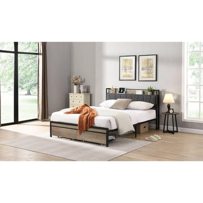Queen Size Metal Platform Bed Frame with upholstery storage function Headboard and USB LINER and Footboard with drawers, No Box Spring Needed, Large Under Bed Storage, Easy Assemble