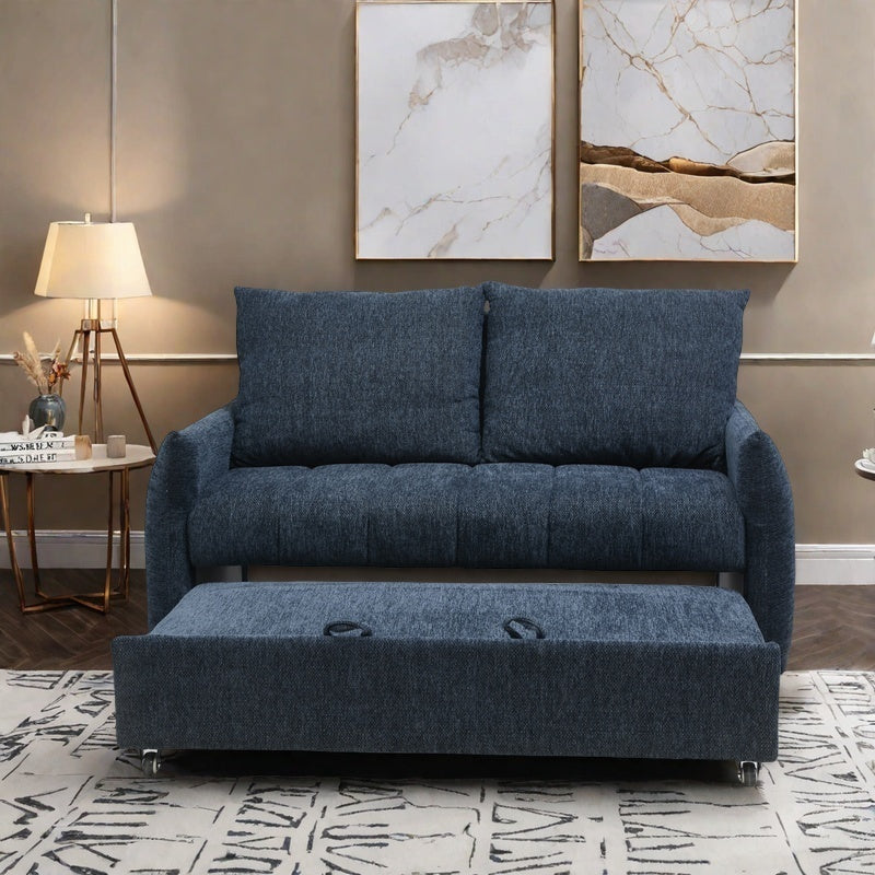 57.48' Big Size Sofa Bed Navy Line Fabric Futon Couch with Adjustable Backrest, Modern Loveseat Sofa Sleeper for Living Room