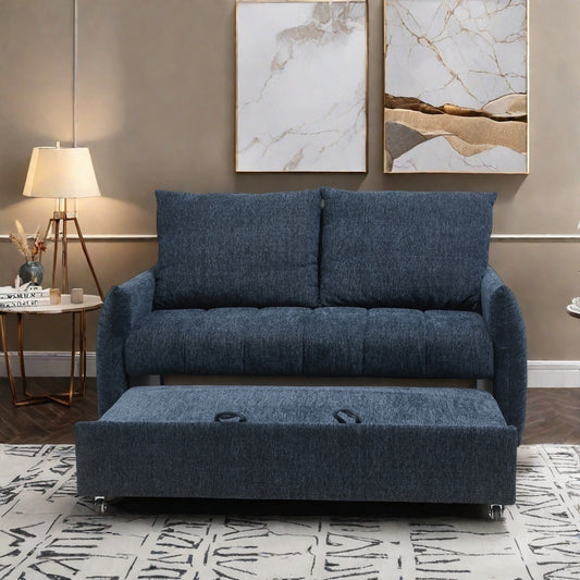 57.48' Big Size Sofa Bed Navy Line Fabric Futon Couch with Adjustable Backrest, Modern Loveseat Sofa Sleeper for Living Room