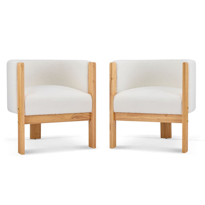 Upholstered Dining Chairs Set of 2, Natural Rubber Wood Frame and White Boucle Fabric, Modern Armchairs for Dining and Living Room, 225lbs Capacity