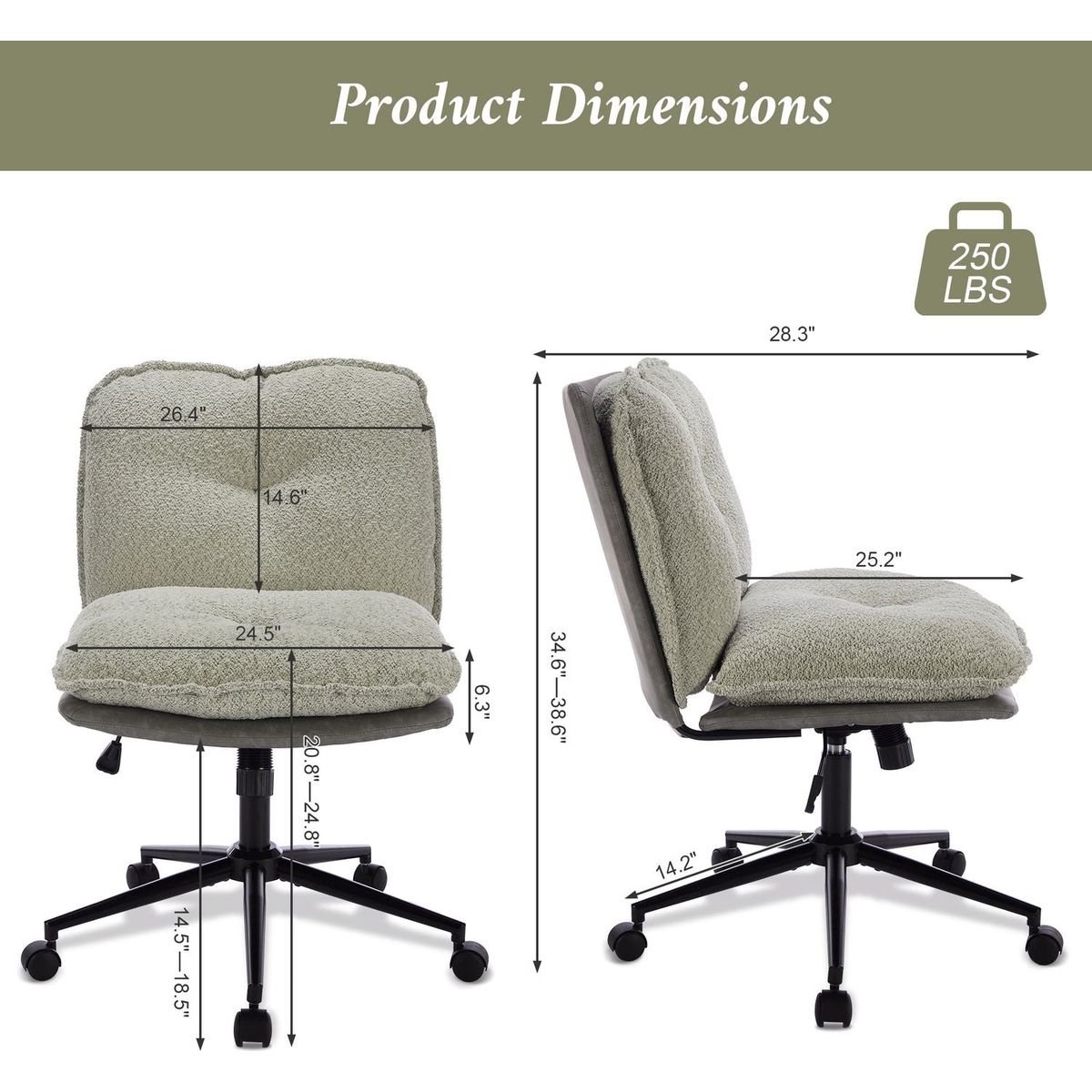 Oversize Seat Cirss Cross Chair with Wheels, Elegant Design Computer Chair, Adjustable Height 360 Rolling Swivel Home Office Chair for Small Space, Dressing Room, Living Room (GRAY+GREEN)