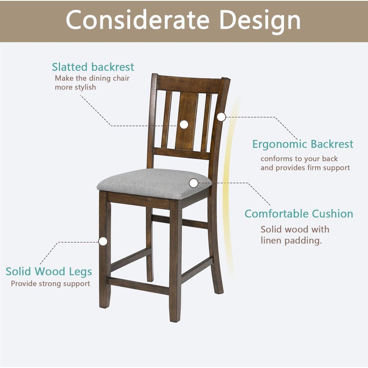 Dining Room Furniture Counter Height Chairs Set for 4, Kitchen Chair with Padded Seat, Walnut