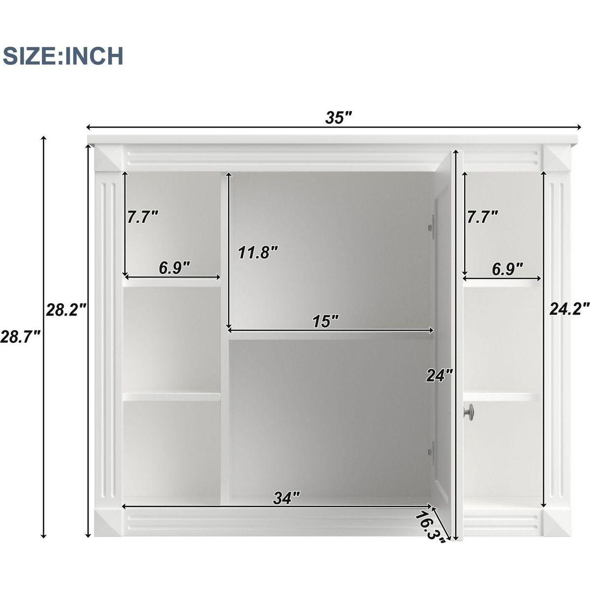 35" x 28" Wall Mounted Bathroom Storage Cabinet, Medicine Cabinet, Modern Bathroom Wall Cabinet with Mirror, Mirror Cabinet with 6 Open Shelves (Not Include Bathroom Vanity)