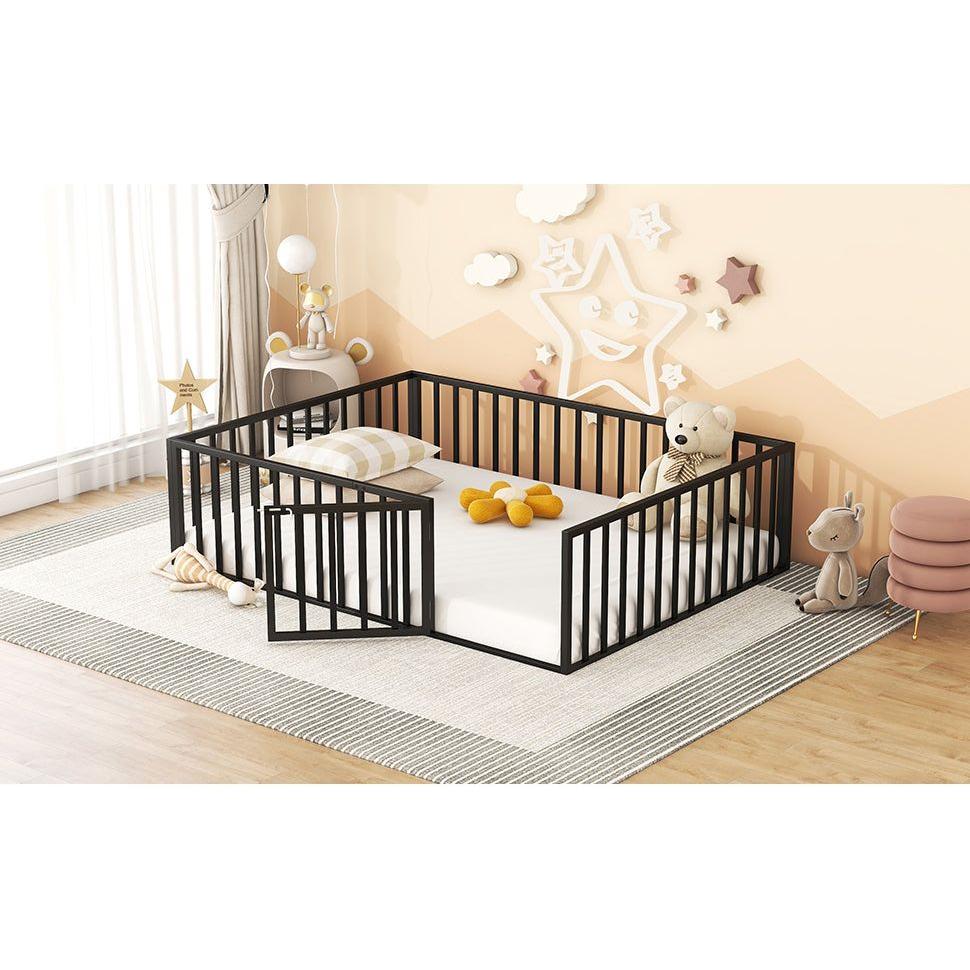 Queen Size Metal Floor Bed Frame with Fence and Door, Black