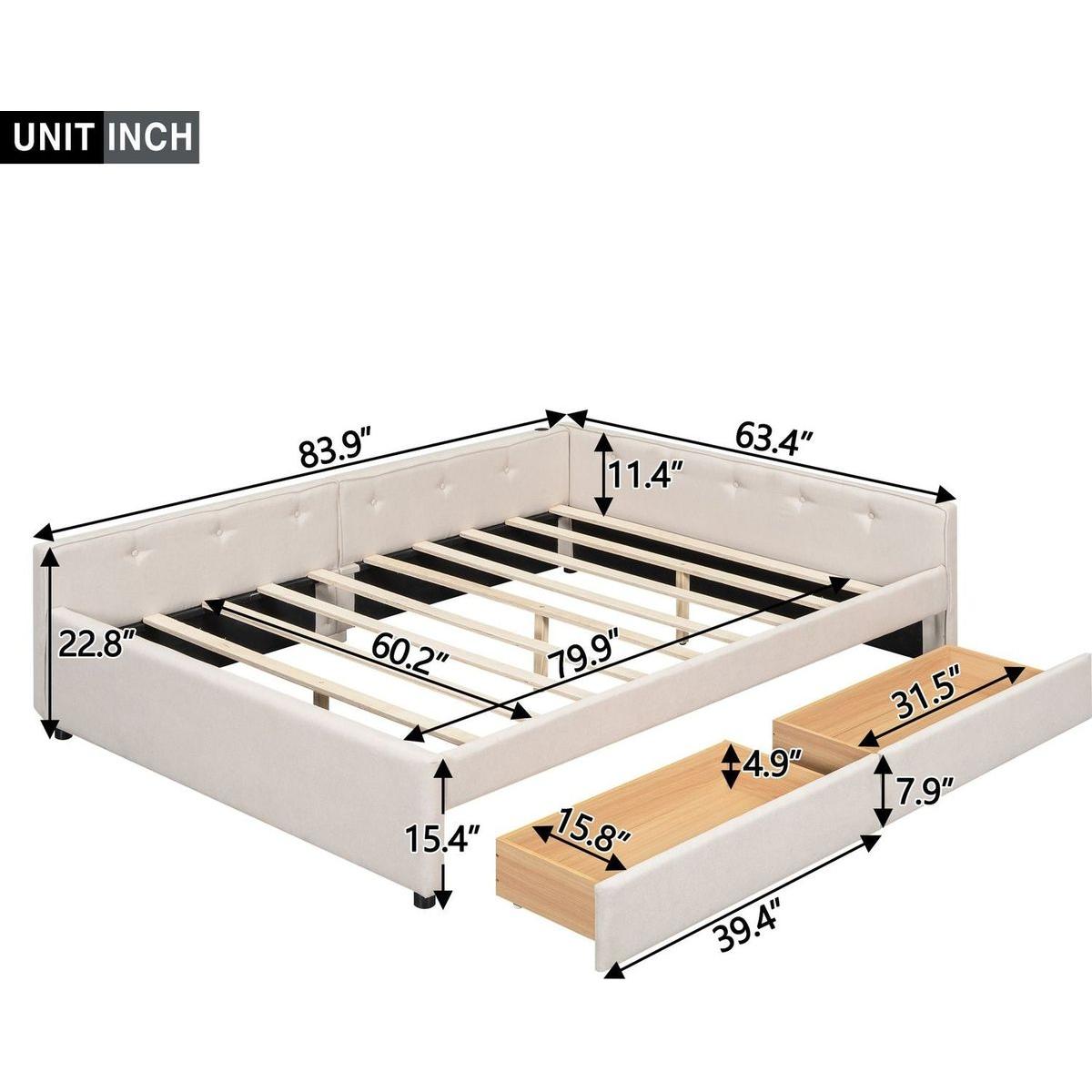 Queen Size Upholstered Platform Bed with USB and 2 Drawers, Beige