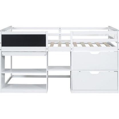 Twin Size Low Loft Bed with Rolling Desk, Shelf and Drawers - White