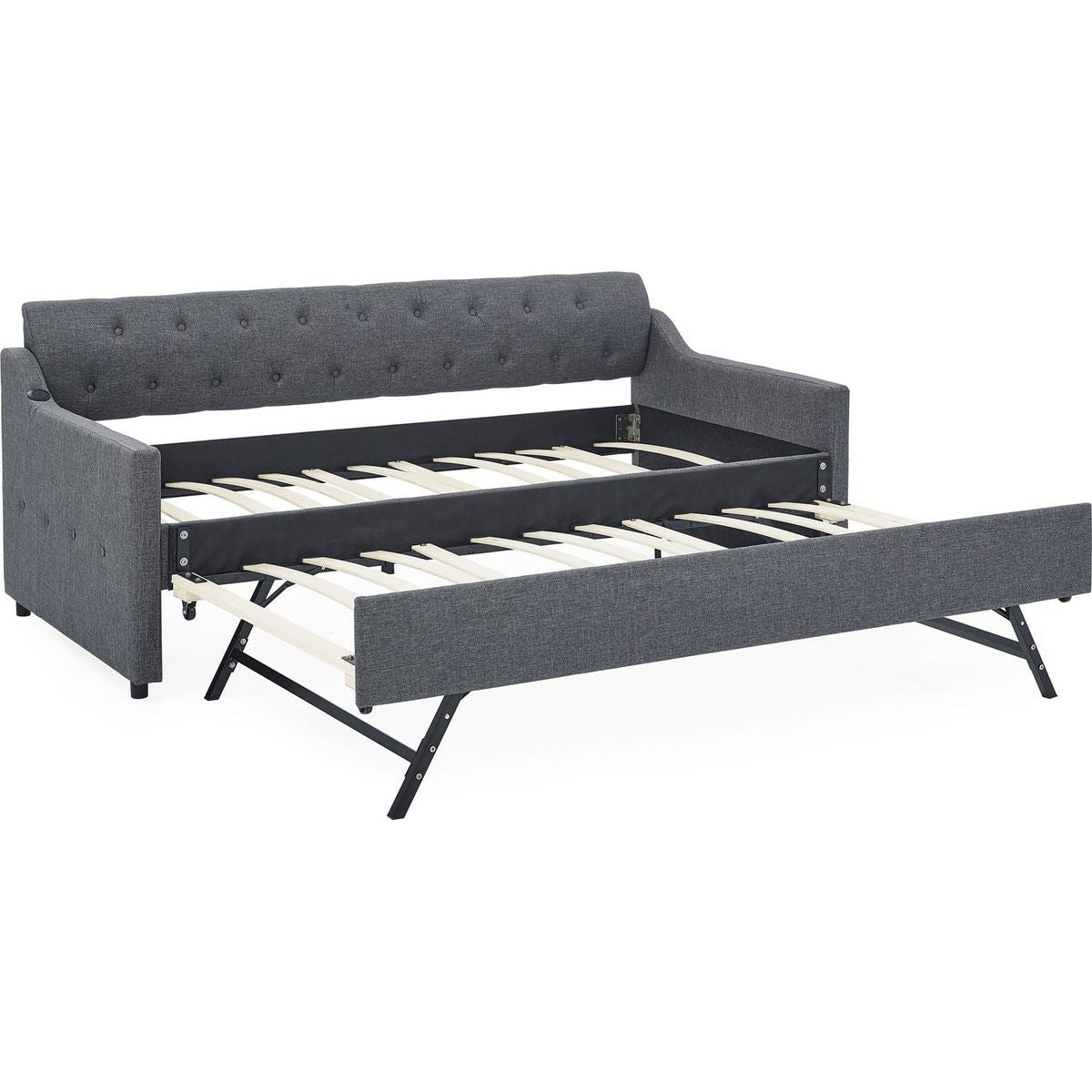 Twin Size Upholstery DayBed with Twin Size Erectable Trundle and USB Charging Design, Linen Dark Gray