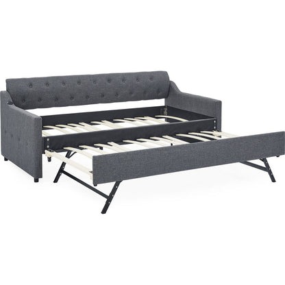 Twin Size Upholstery DayBed with Twin Size Erectable Trundle and USB Charging Design, Linen Dark Gray