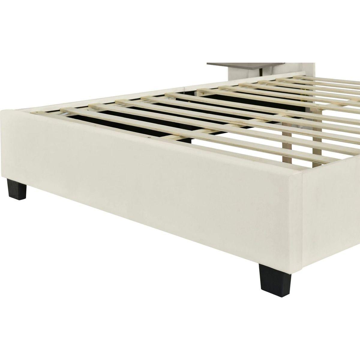 Queen Size Upholstered Platform Bed with Big Headboard, Bedroom Furniture, Velvet, Beige