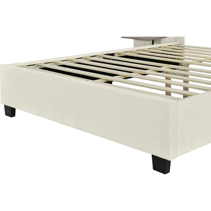 Queen Size Upholstered Platform Bed with Big Headboard, Bedroom Furniture, Velvet, Beige