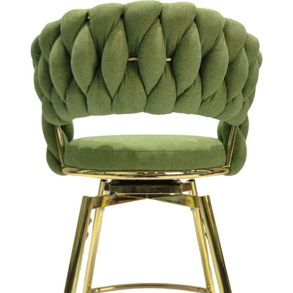 Bar Chair Linen Woven Bar Stool Set of 4,Golden legs Barstools No Adjustable Kitchen Island Chairs,360 Swivel Bar Stools Upholstered Bar Chair Counter Stool Arm Chairs with Back Footrest, (Green)