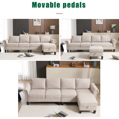 Convertible Sectional Sofa with Storage,L-shaped sofa,Four-seater sofa,Modern Linen Fabric Sectional Couches for Living Room, Beige