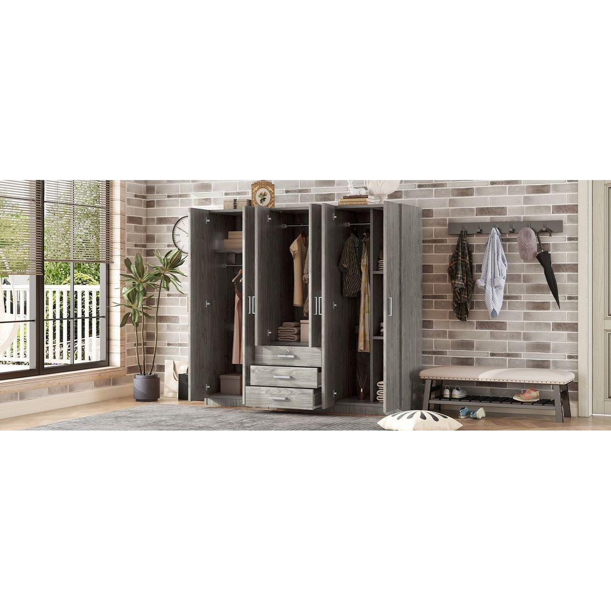 6-Doors Wooden Wardrobe Storage for Bedroom, with Big Drawers, Gray