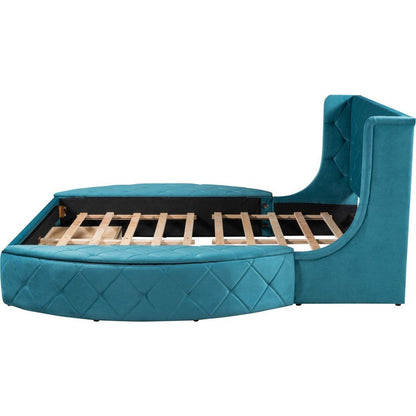 Upholstered Platform Bed Queen Size Storage Velvet Bed with Wingback Headboard and 1 Big Drawer,2 Side Storage Stool(Blue)