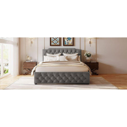 Queen Size Upholstered Platform Bed with 2 Drawers and 2 sets of USB Ports on each side, Linen Fabric, Gray