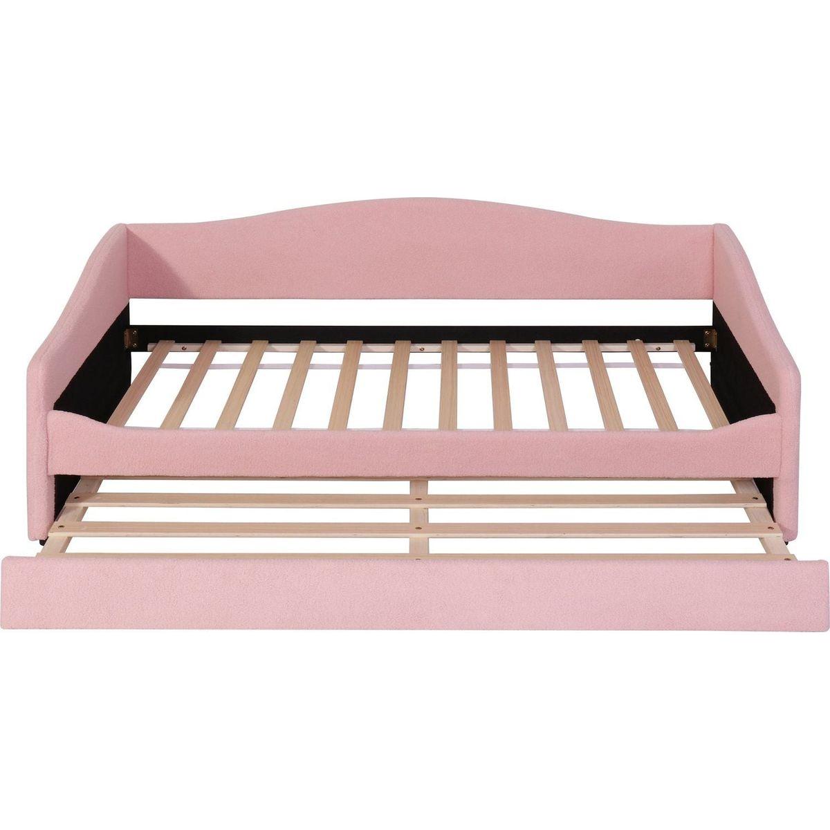 Teddy Fleece Twin Size Upholstered Daybed with Light and Trundle, Pink