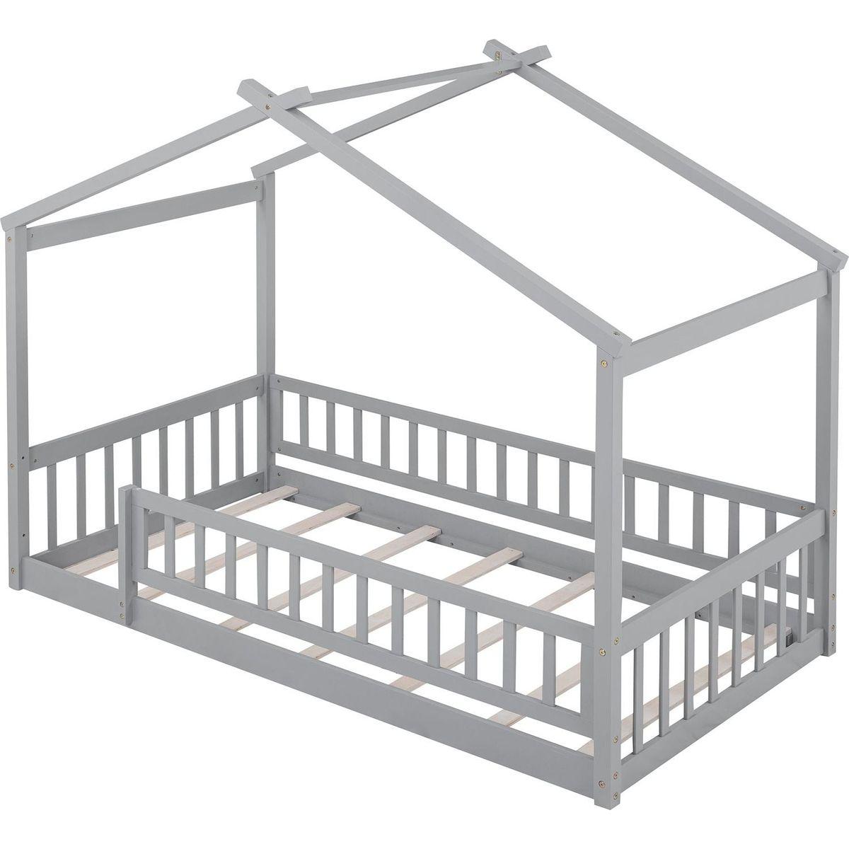 Twin Size Wood Bed House Bed Frame with Fence, for Kids, Teens, Girls, Boys, Gray