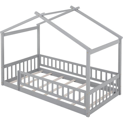 Twin Size Wood Bed House Bed Frame with Fence, for Kids, Teens, Girls, Boys, Gray