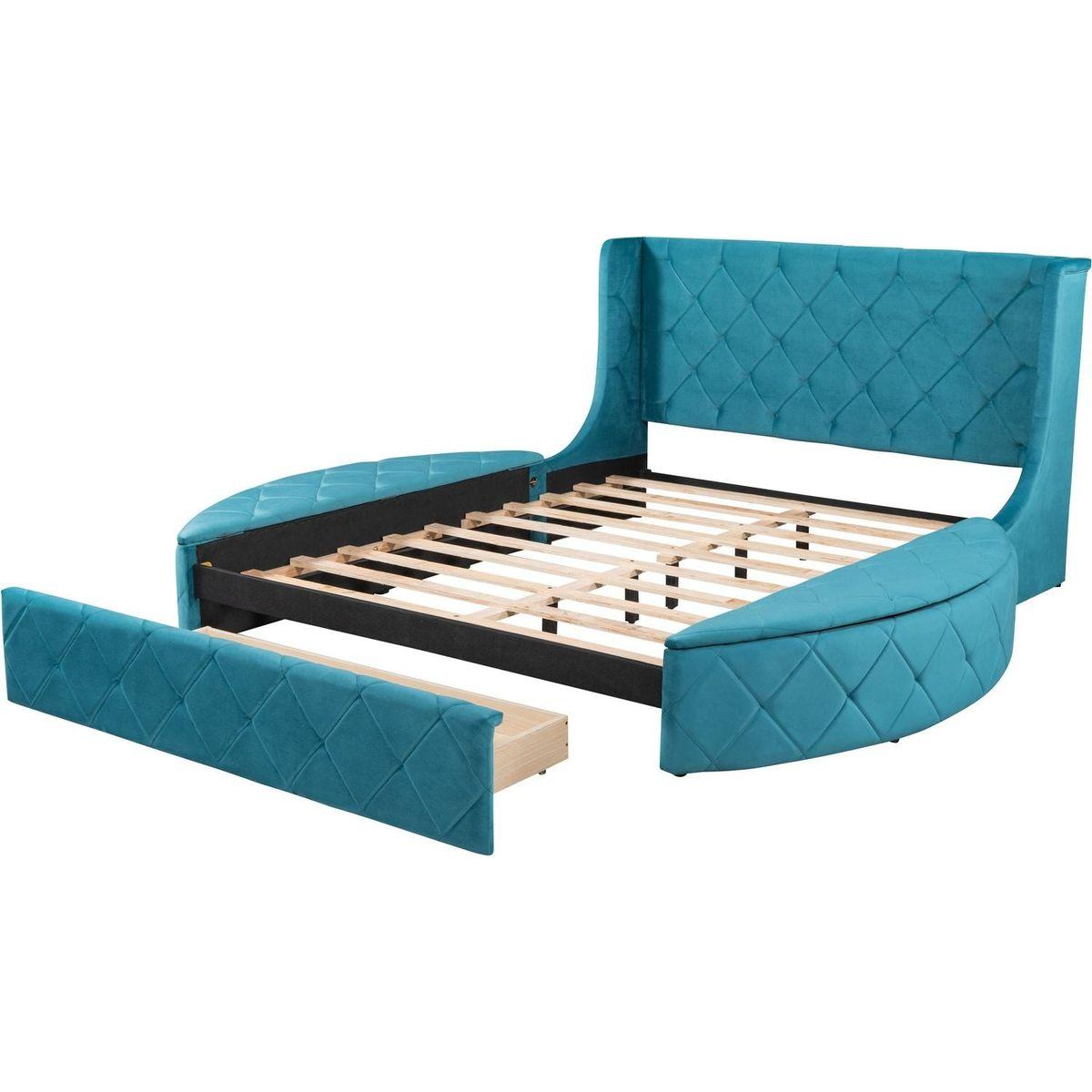 Upholstered Platform Bed Queen Size Storage Velvet Bed with Wingback Headboard and 1 Big Drawer,2 Side Storage Stool(Blue)