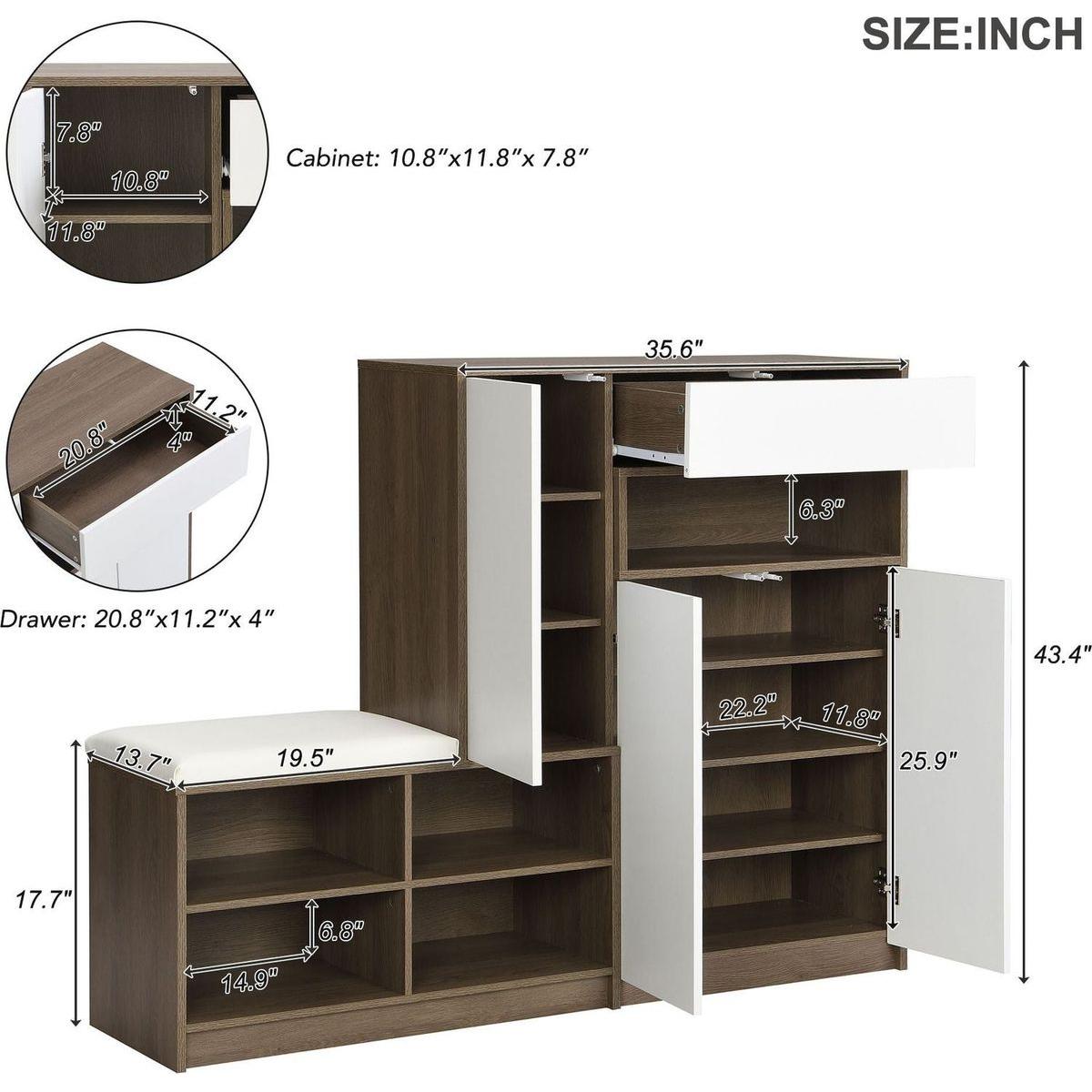 2-in-1 Shoe Storage Bench & Shoe Cabinets , Multi-functional Shoe Rack with Padded Seat, Versatile Shoe Storage Solution with Adjustable Shelves for Hallway, White