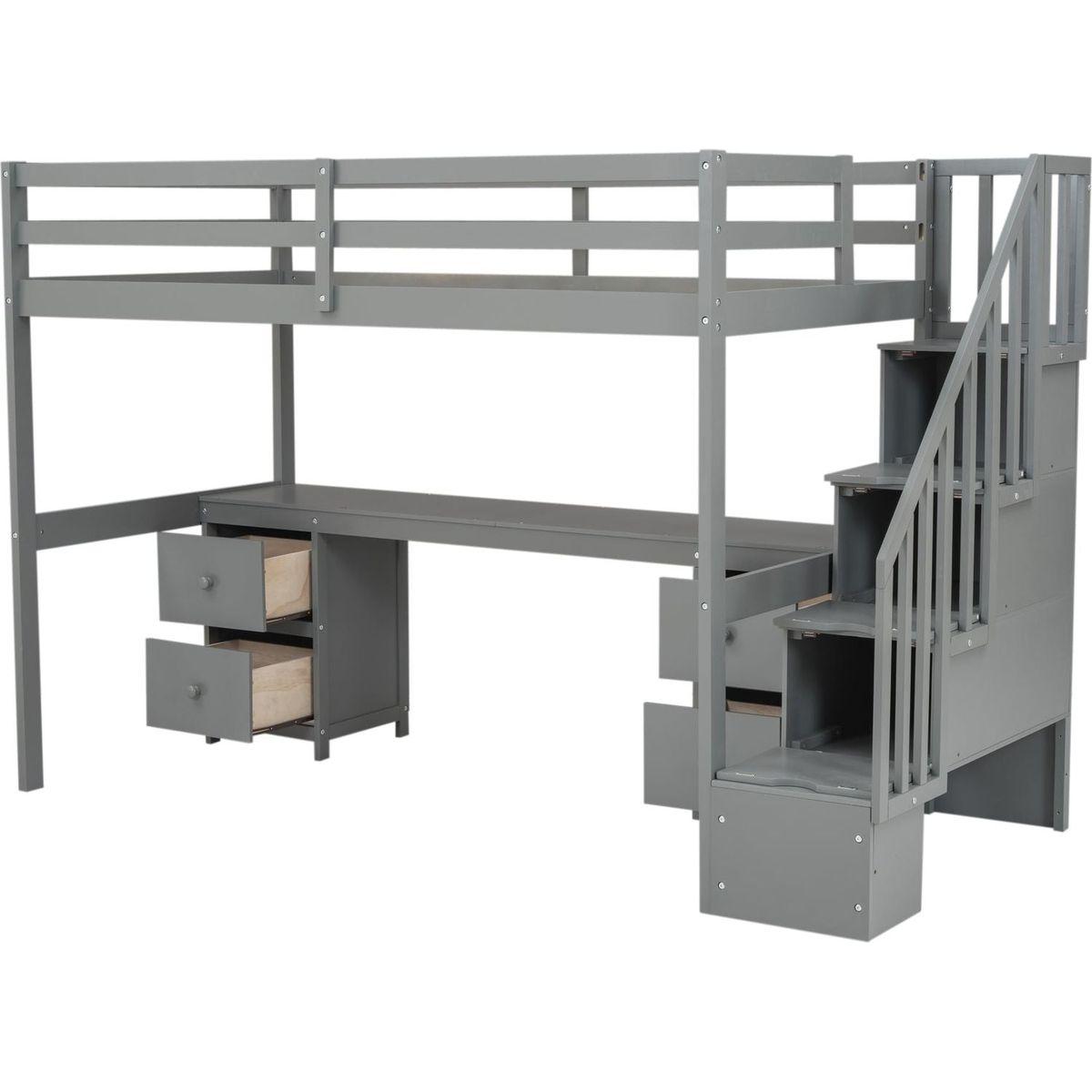 Twin Size Loft Bed Frame with Built-in Desk and Double Storage Drawers,Gray