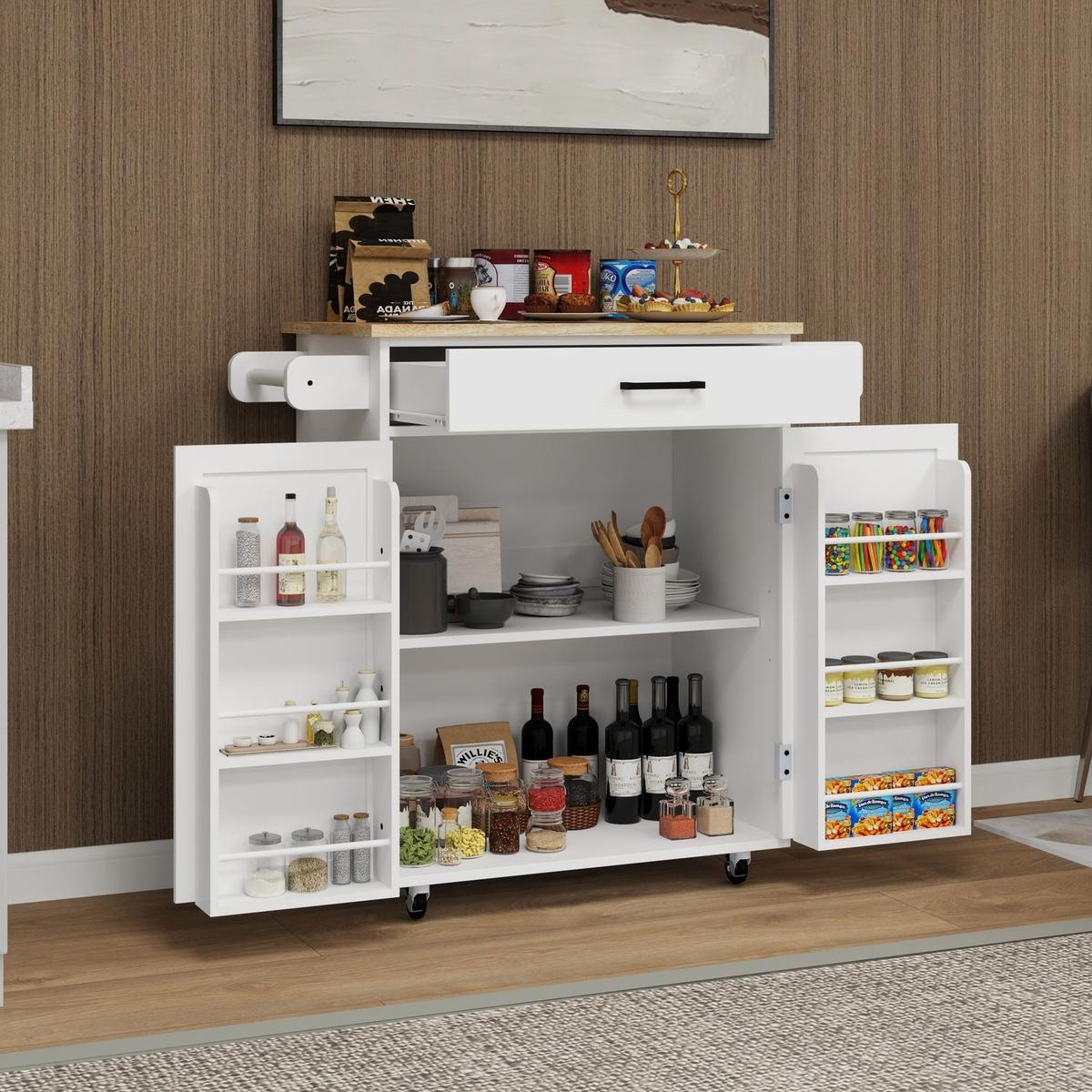 Kitchen island rolling trolley cart with 1 drawer & 2 doors with storage racks & Adjustable Shelves & towel rack & seasoning rack rubber wood table top-White - Streamdale Furniture
