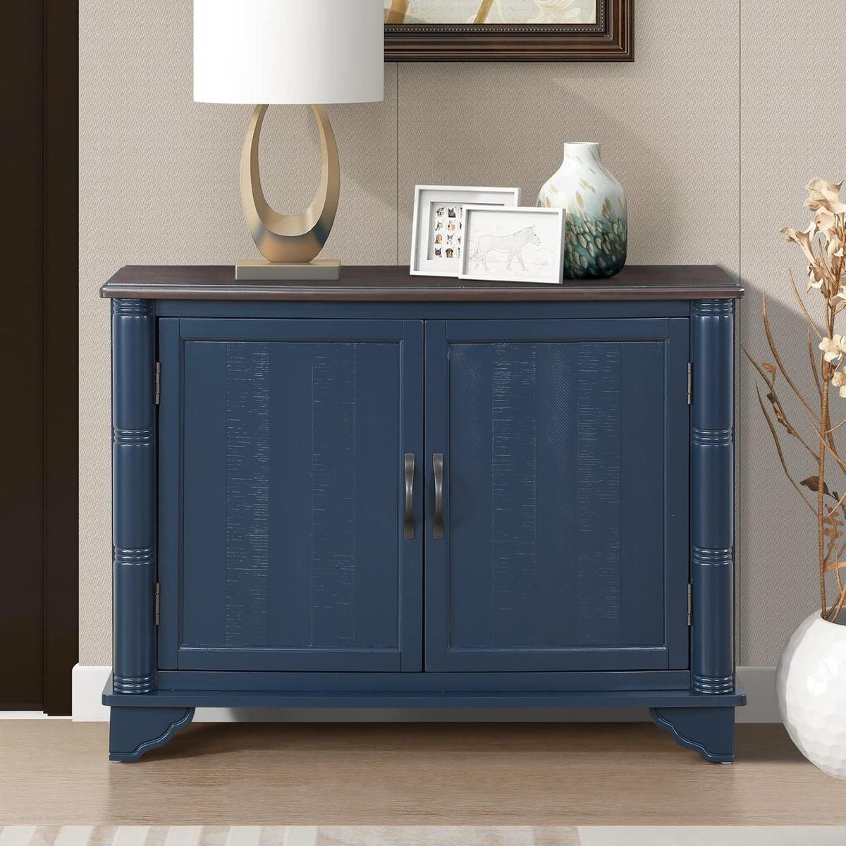 40" Console Table with Storage Shelf, Retro Entryway Table with Adjustable Storage Shelf, Sofa Couch Table for Hallway, Entry Way, Living Room, Foyer, Navy Blue and Brown Top