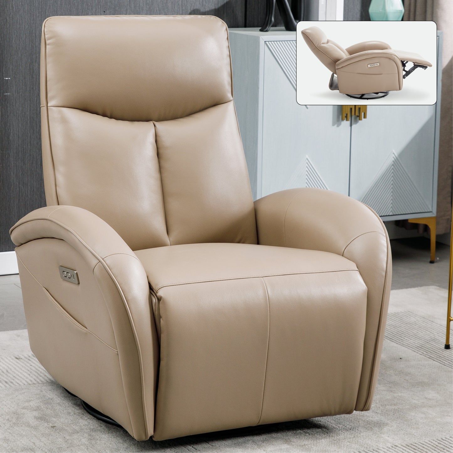 Brown Leatheraire Swivel and Rocker Power Recliner Chair with Lumbar Support, Max Swivel Degree 270, Heavy Duty Motion Mechanism with USB and Type-C Ports