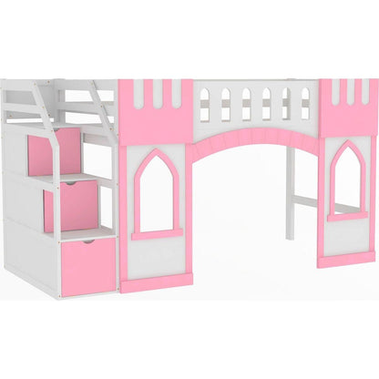 Twin Size Loft Bed with Storage Staircase and Window, Pink