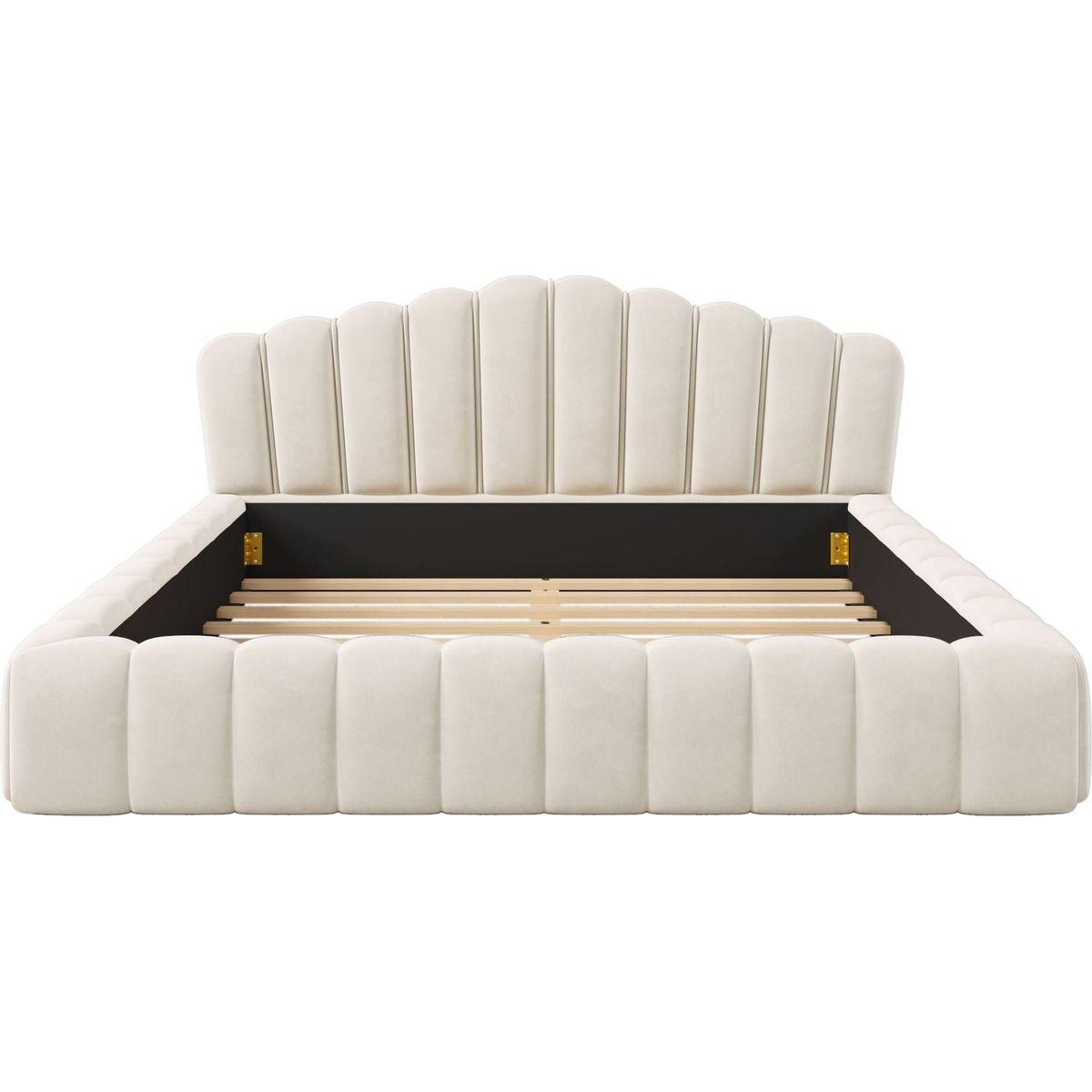 Velvet Upholstered Queen BED Frame Shell-Shaped Headboard for Bedroom,No Box Spring Needed,Beige