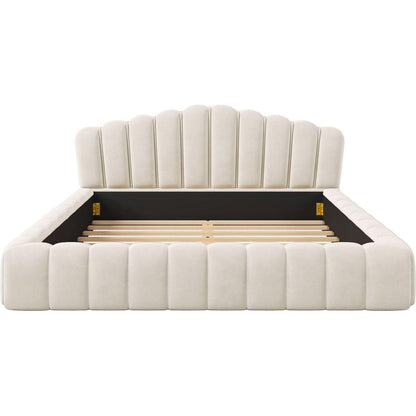Velvet Upholstered Queen BED Frame Shell-Shaped Headboard for Bedroom,No Box Spring Needed,Beige