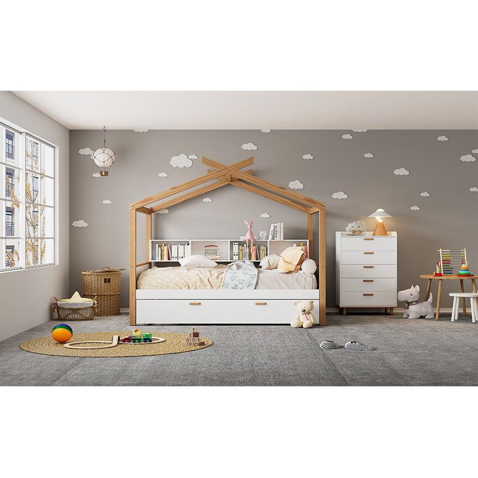 White Twin Size Wooden House Bed with Original Wood Colored Frame Twin Size Trundle and Bookshelf Storage Space for Children or Guest Room