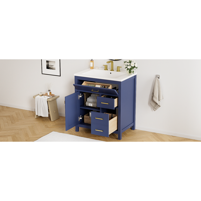 30-Inch Blue Bathroom Vanity with Ceramic Sink and Ample Storage - Ideal Choice for Small Bathrooms