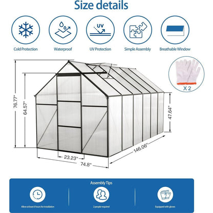6x12 FT Polycarbonate Greenhouse Raised Base and Anchor Aluminum Heavy Duty Walk-in Greenhouses for Outdoor Backyard in All Season,Black