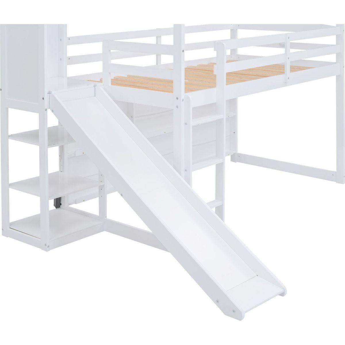 Twin Size Wood House Loft bed with Slide, Storage shelves and Light, White
