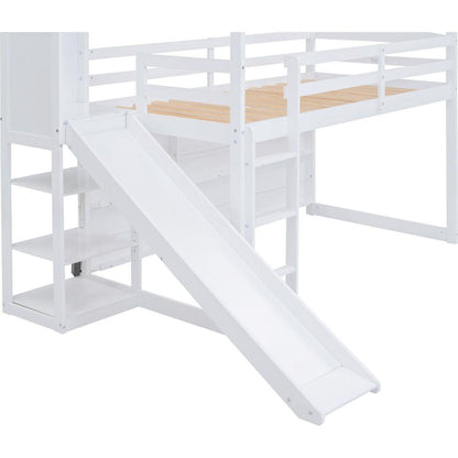 Twin Size Wood House Loft bed with Slide, Storage shelves and Light, White