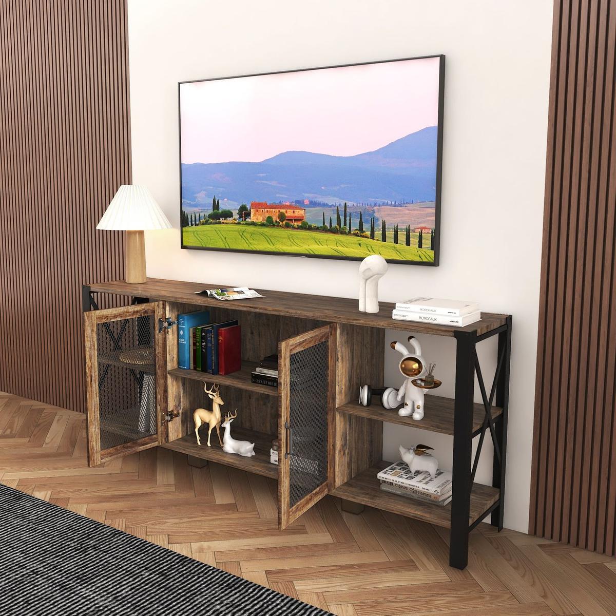 TV Stands for Living Room, Industrial TV Stand for Bedroom Furniture, Farmhouse TV Stand 80 Inch Television Stand, Modern Horizontal Wood and Metal Open Bookshelf