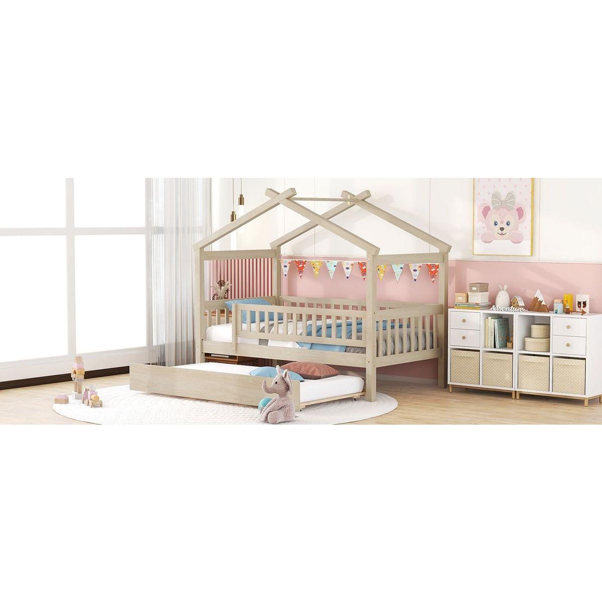 Twin Size Wooden House Bed with Twin Size Trundle, Natural