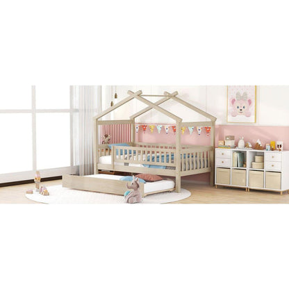 Twin Size Wooden House Bed with Twin Size Trundle, Natural