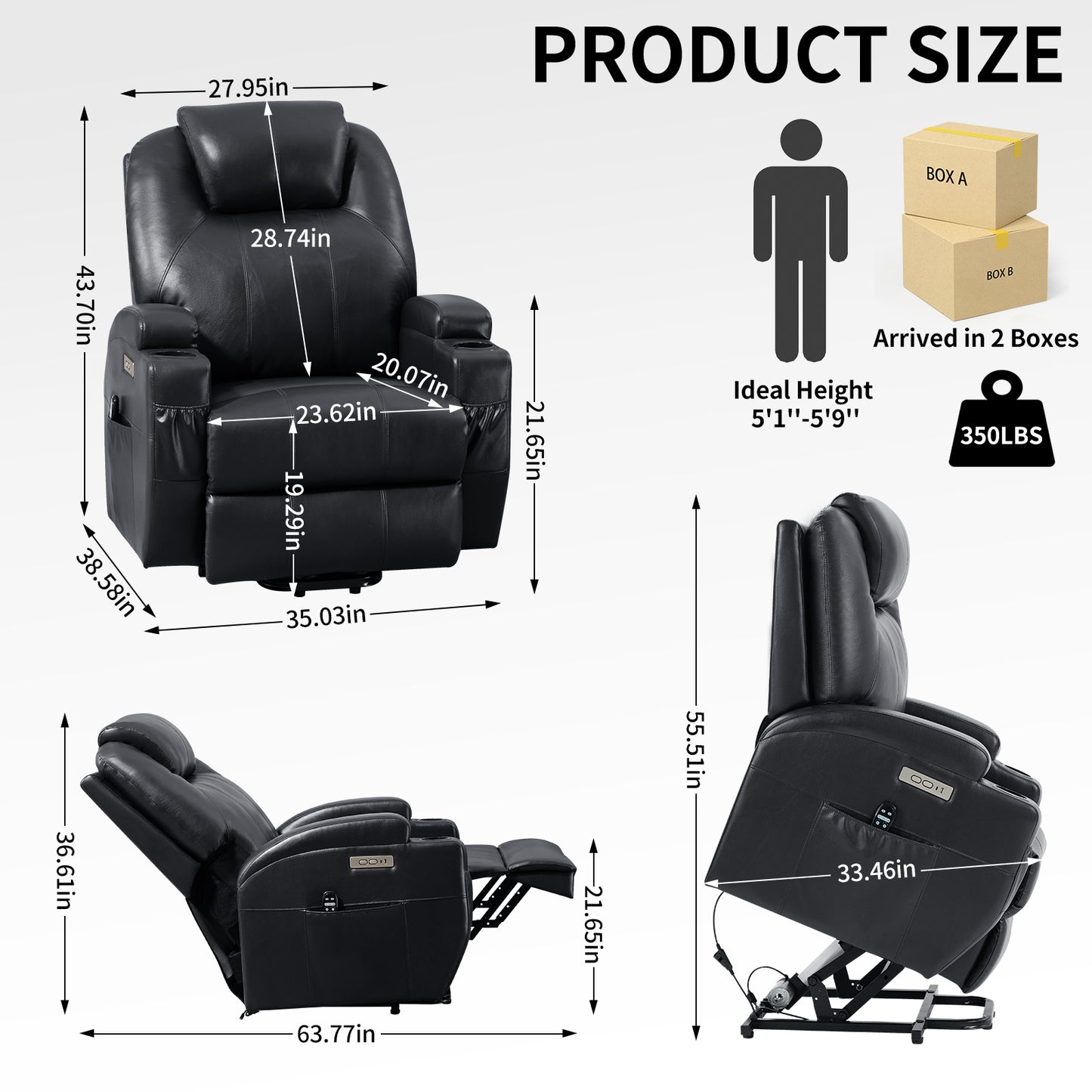 Up to 350lbs Okin Motor Power Lift Recliner Chair for Elderly, Heavy Duty Motion Mechanism with 8-Point Vibration Massage and Lumbar Heating, Two Cup Holders and USB Charge Port, Black