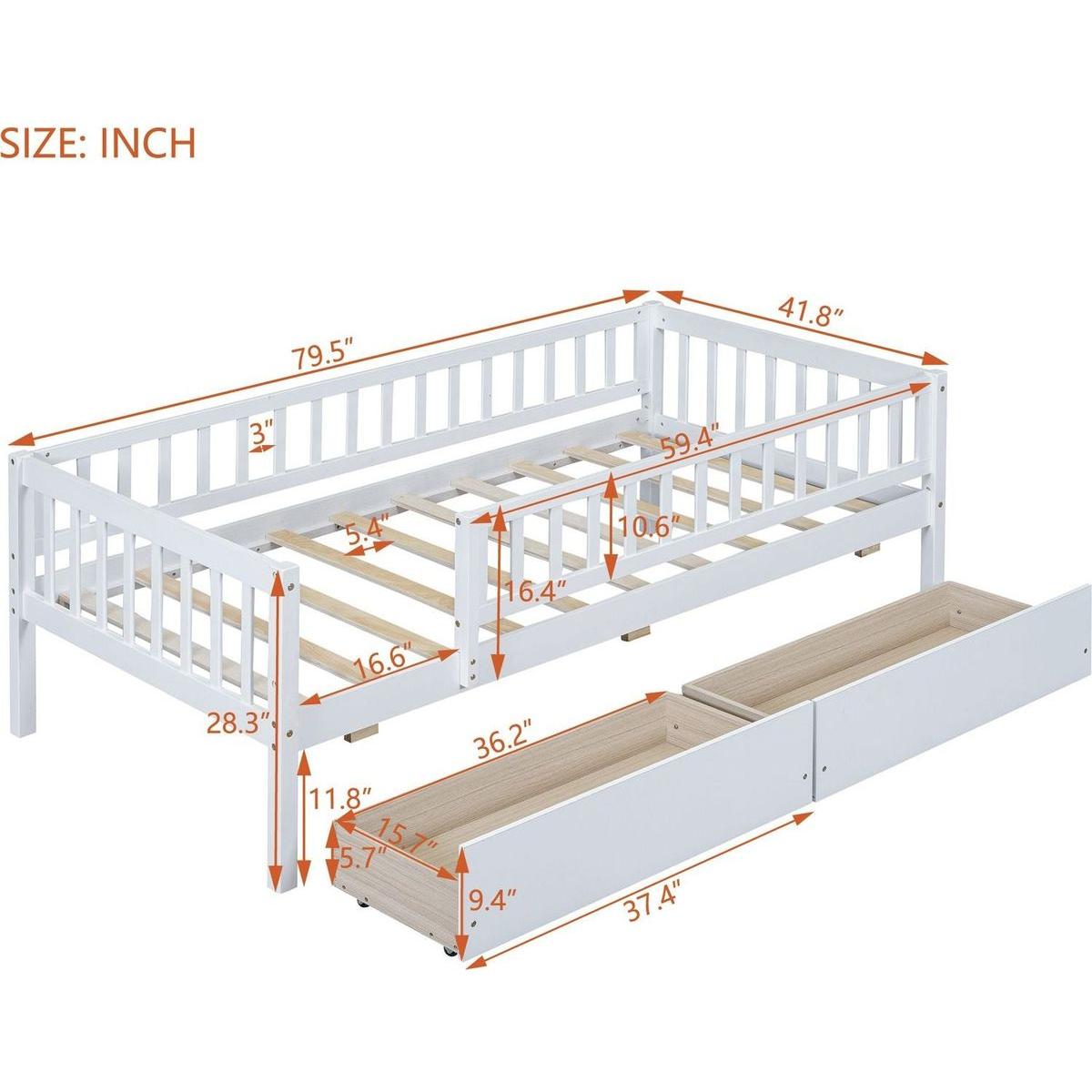 Twin Size Daybed Wood Bed with Two Drawers, White